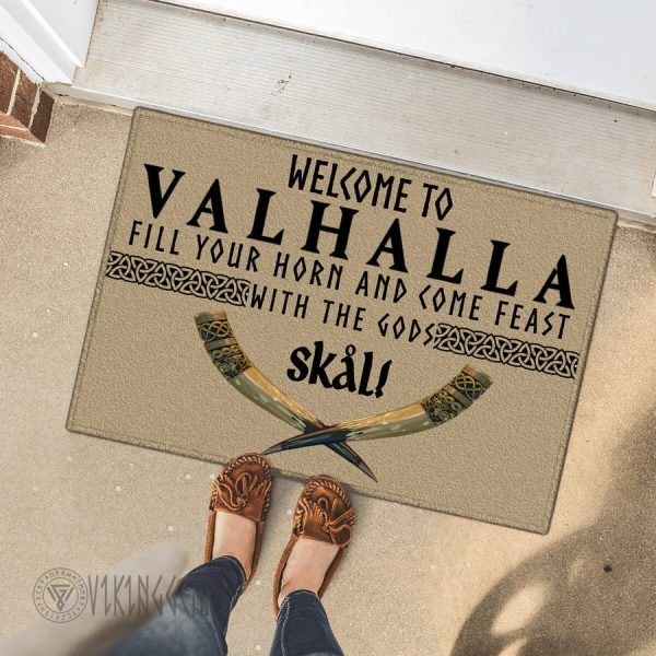 Welcome To Valhalla Fill Your Horn and Come Feast With The Gods Skal Doormat | Viking Doormat