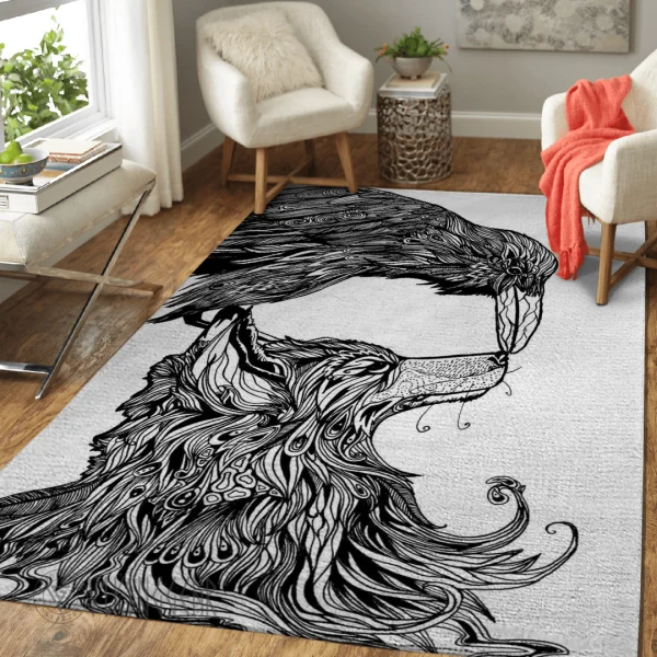 Wolf And Raven Line Art Viking Area Rug