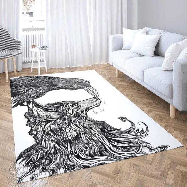 Wolf And Raven Line Art Viking Area Rug