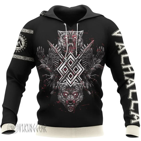 Wolves And Raven Art Viking Hoodie