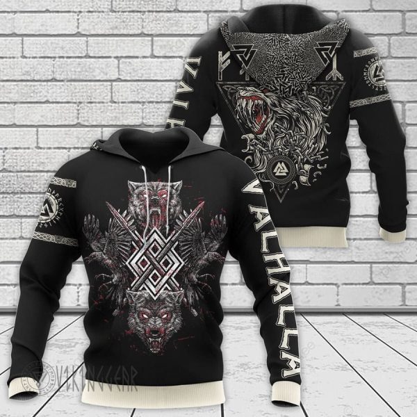 Wolves And Raven Art Viking Hoodie