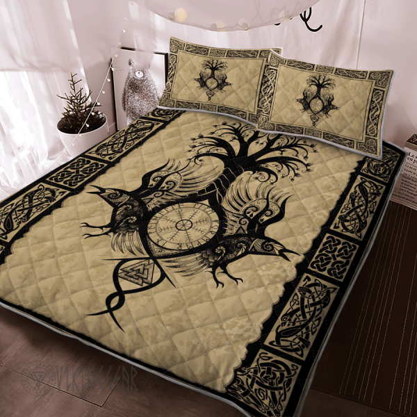 Yggdrasil With Raven Art Viking Quilt Set