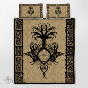 Yggdrasil With Raven Art Viking Quilt Set