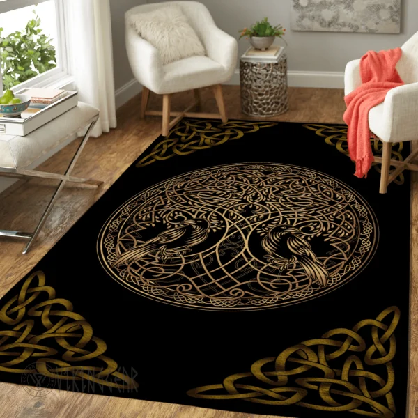 Yggdrasil and totem birds ravens of Odin Viking Area Rug