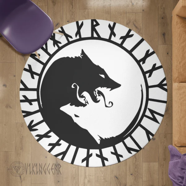 Yin Yang Wolf and Rune - Viking Round Carpet