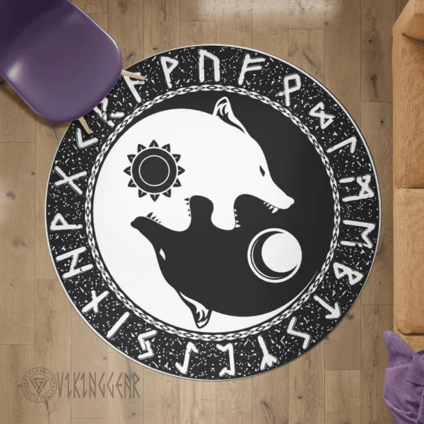 Yin Yang Wolf and Rune - Viking Round Carpet