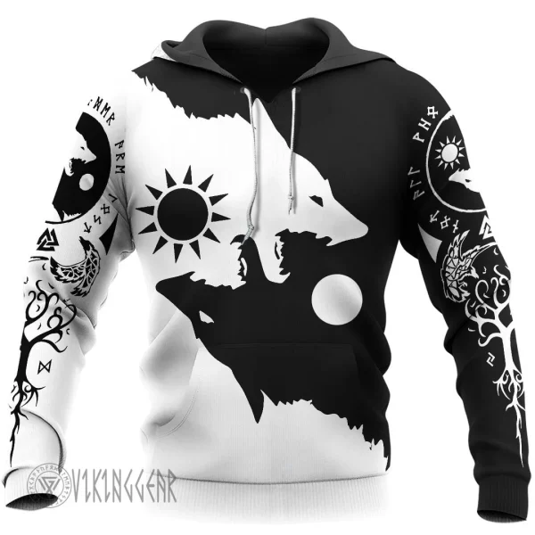 Ying Yang Wolf - Skoll and Hati - Viking Hoodie Black And White