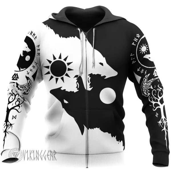 Ying Yang Wolf - Skoll and Hati - Viking Hoodie Black And White