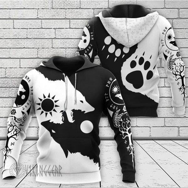 Ying Yang Wolf - Skoll and Hati - Viking Hoodie Black And White