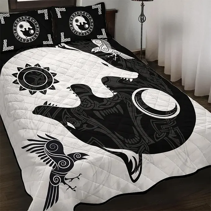 viking quilt bedding set yinyang norse wolf art vikingzon