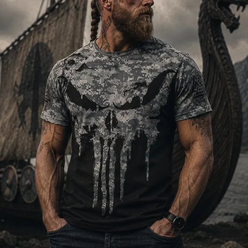 Norse T Shirts Dripping Viking Skull Drawing Camouflage
