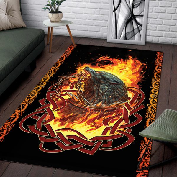 Viking Area Rug Design with a Fiery Wolf