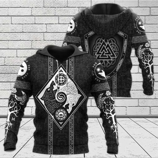 Viking Hoodie Sons of Fenrir Skoll and Hati Valknut Shield