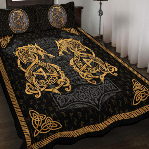 Viking Quilt Set Celtic Fenrir And Rune