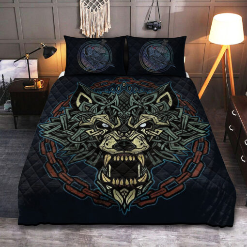 Viking Quilt Set Raven And Celtic Fenrir Wolf