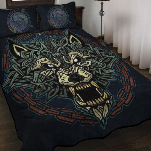 Viking Quilt Set Raven And Celtic Fenrir Wolf