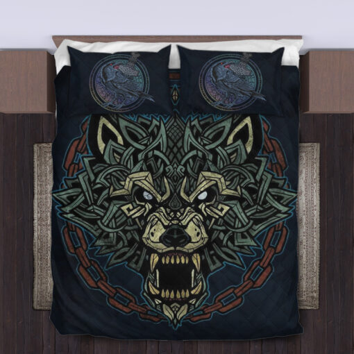 Viking Quilt Set Raven And Celtic Fenrir Wolf