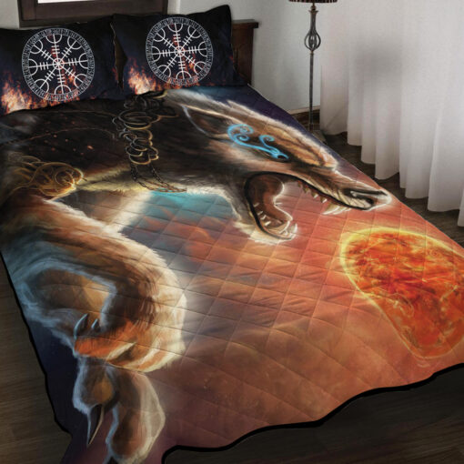 Viking Quilt Set Sköll Wolf Chases The Sun