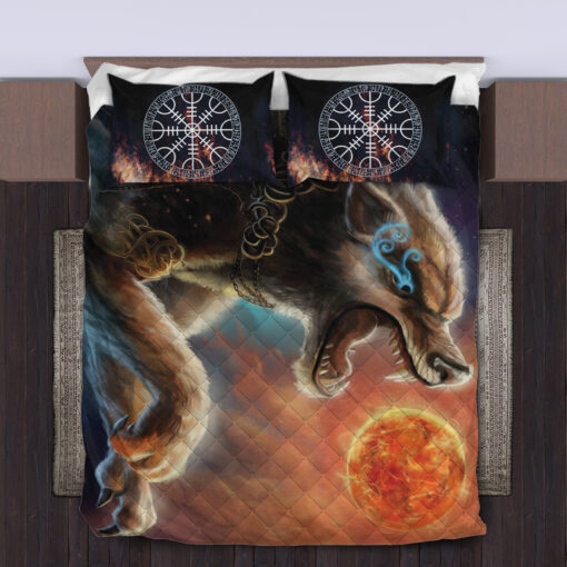 Viking Quilt Set Sköll Wolf Chases The Sun