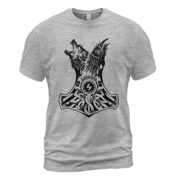 Viking T-shirt Raven Wolf Hammer Combination