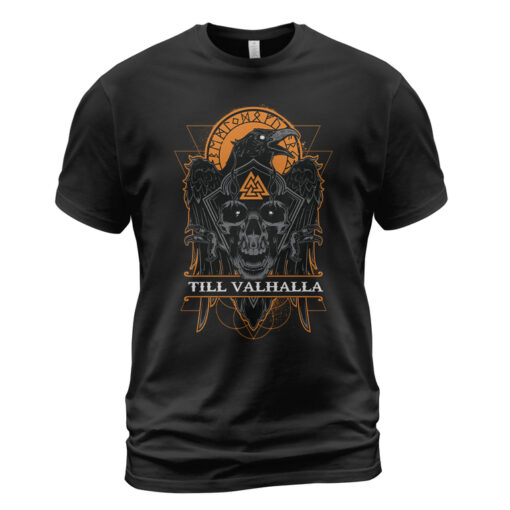 Viking T-shirt Skull Raven Valknut Till Valhalla