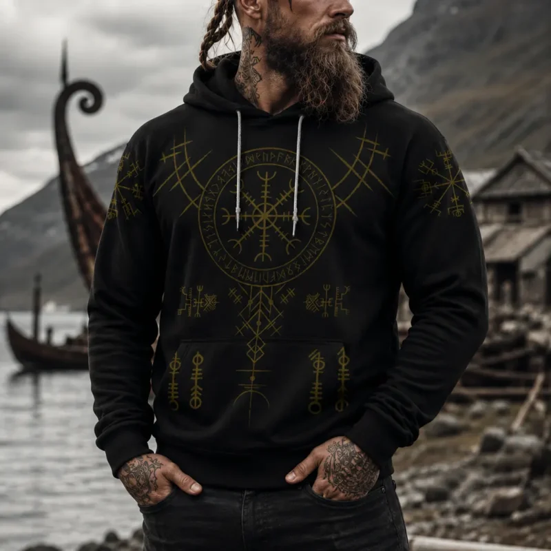 Viking Hoodie Helm of Awe and Vegvisir Symbol Warrior - Vikingzon