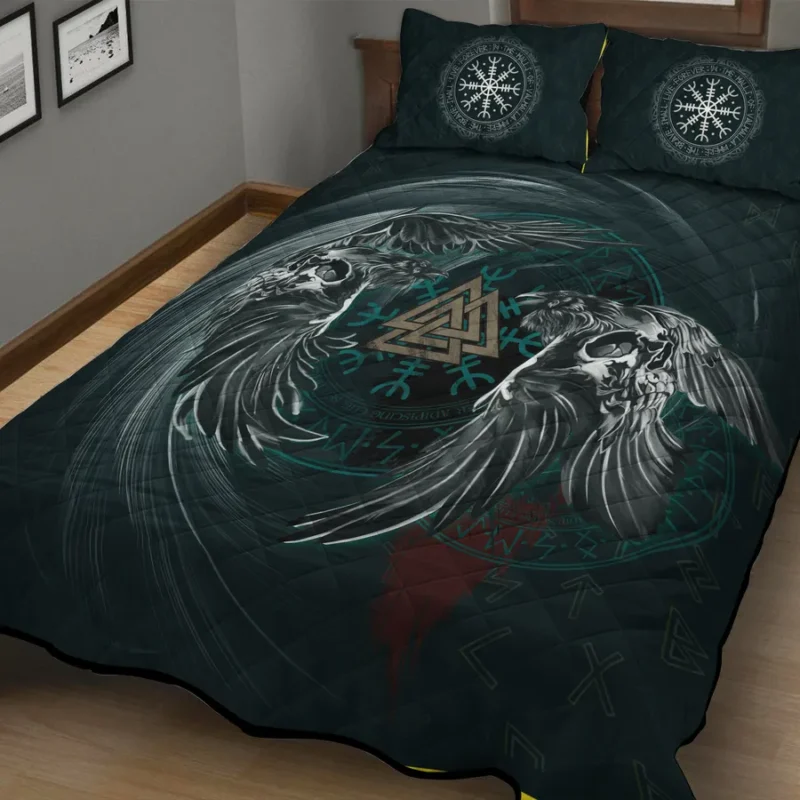 Symbols of the God Odin: 8 Sacred Icons of Wisdom and War Viking Quilt Bedding Set Majestic Munin and Hugin